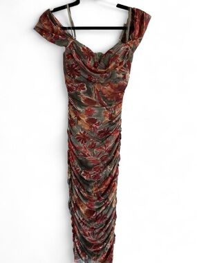 Ruched Mesh Midi Fall Floral Off The Shoulder Small Dress NWT